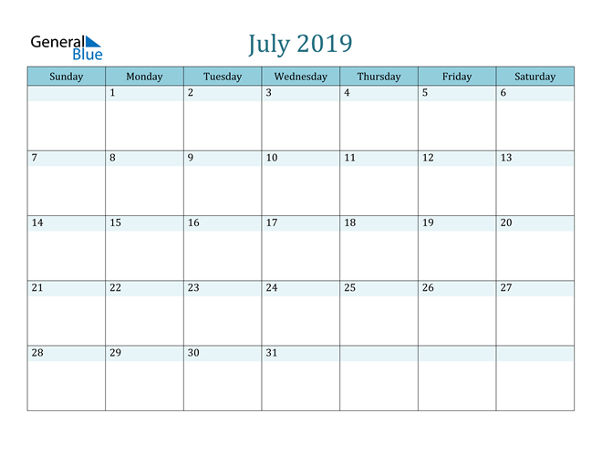  July 2019 Printable Calendar