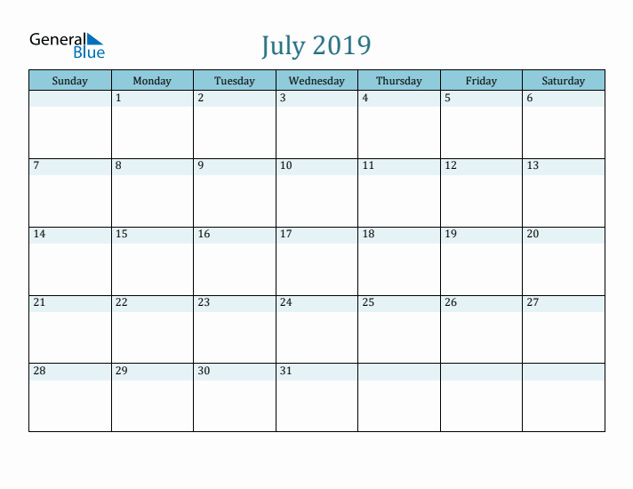 July 2019 Printable Calendar