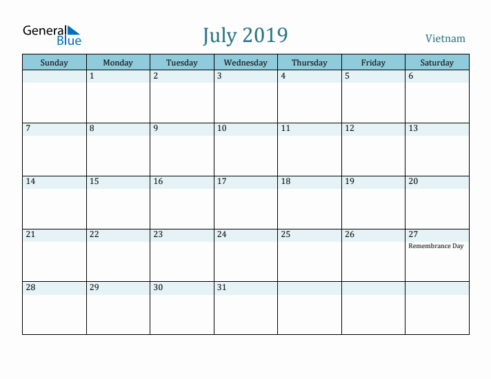 July 2019 Calendar with Holidays