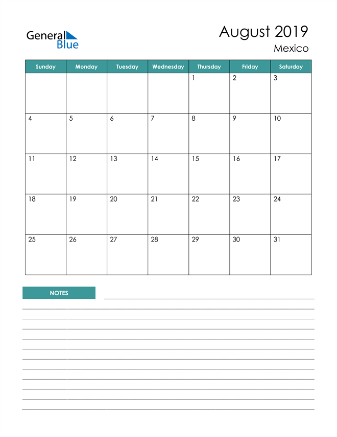 Mexico August 2019 Calendar with Holidays