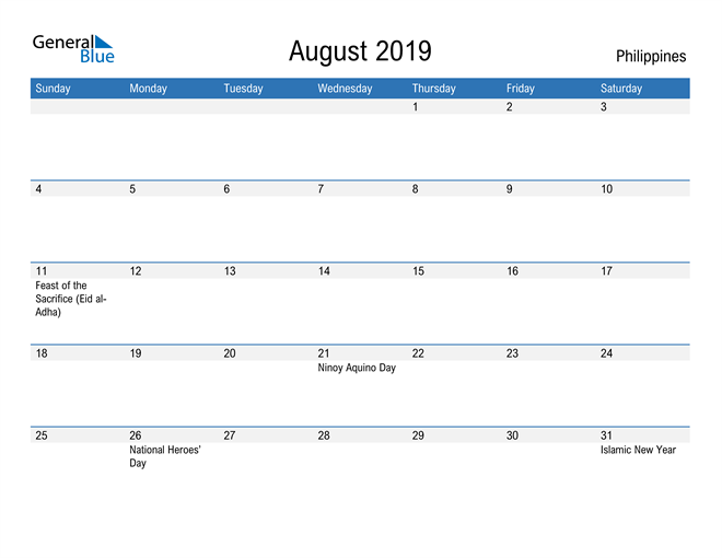 August 2019 Calendar with Philippines Holidays