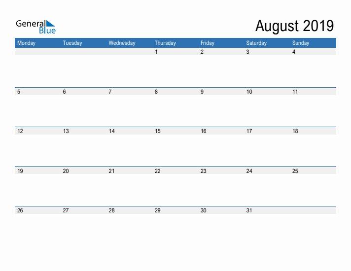 Fillable Calendar for August 2019
