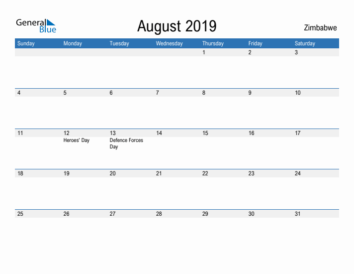 Fillable August 2019 Calendar