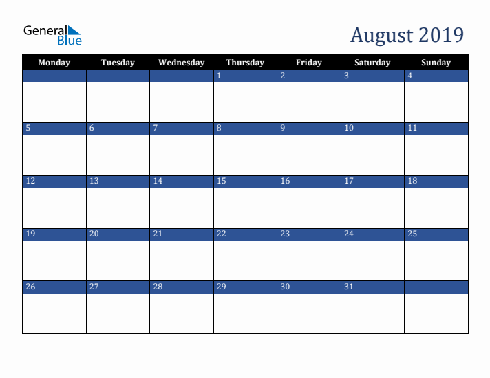 Monday Start Calendar for August 2019