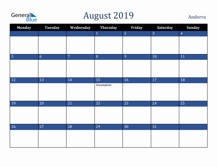 August 2019 Andorra Calendar (Monday Start)