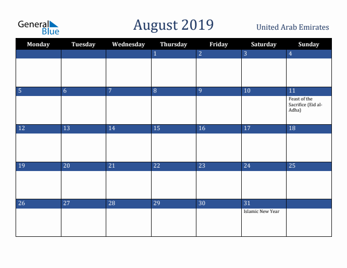 August 2019 United Arab Emirates Calendar (Monday Start)