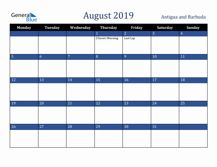 August 2019 Antigua and Barbuda Calendar (Monday Start)