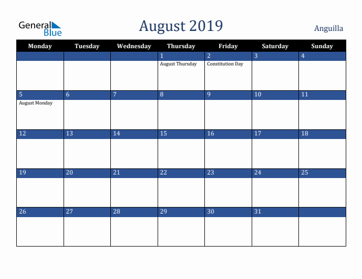 August 2019 Anguilla Calendar (Monday Start)