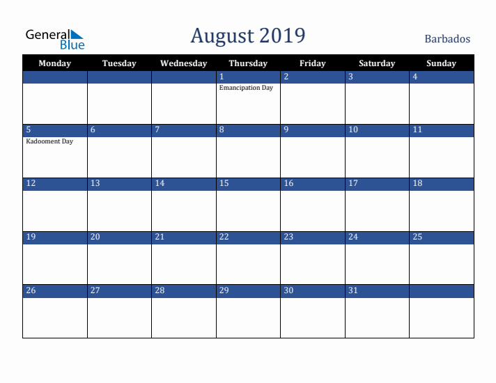 August 2019 Barbados Calendar (Monday Start)