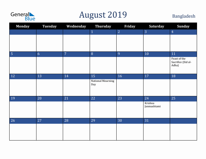 August 2019 Bangladesh Calendar (Monday Start)