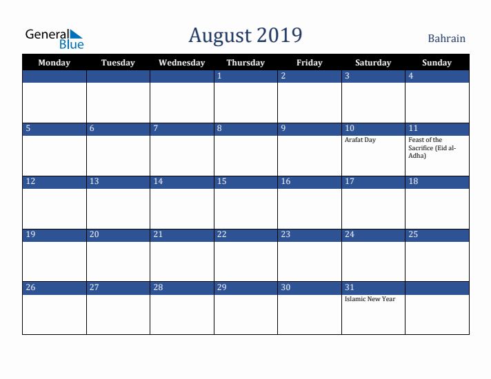 August 2019 Bahrain Calendar (Monday Start)