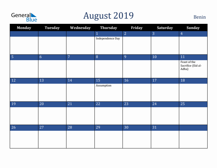 August 2019 Benin Calendar (Monday Start)