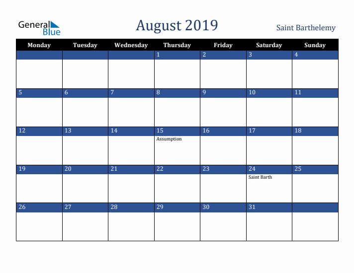 August 2019 Saint Barthelemy Calendar (Monday Start)