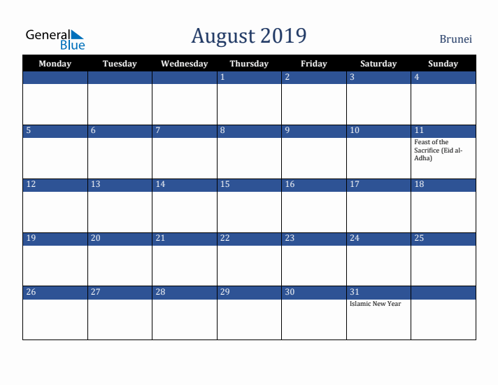 August 2019 Brunei Calendar (Monday Start)