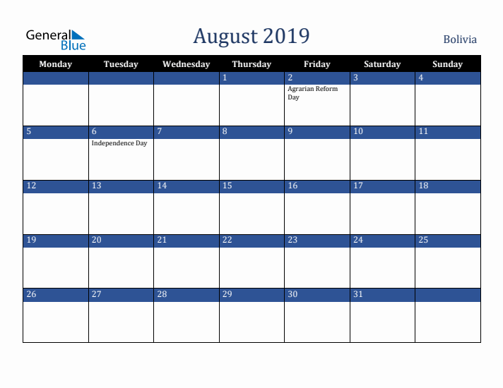 August 2019 Bolivia Calendar (Monday Start)
