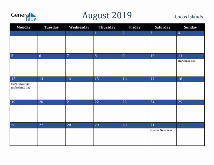 August 2019 Cocos Islands Calendar (Monday Start)