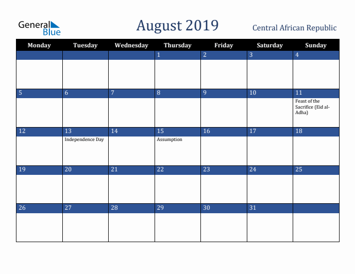 August 2019 Central African Republic Calendar (Monday Start)