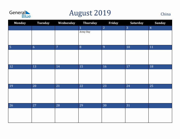 August 2019 China Calendar (Monday Start)