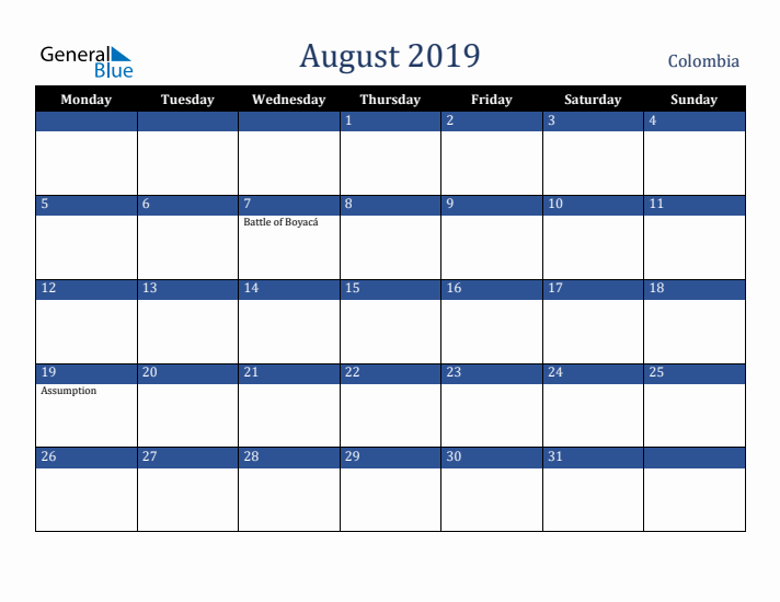 August 2019 Colombia Calendar (Monday Start)