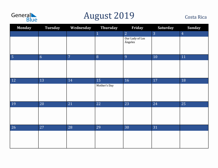 August 2019 Costa Rica Calendar (Monday Start)