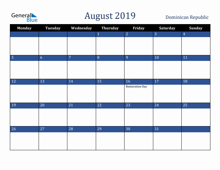 August 2019 Dominican Republic Calendar (Monday Start)