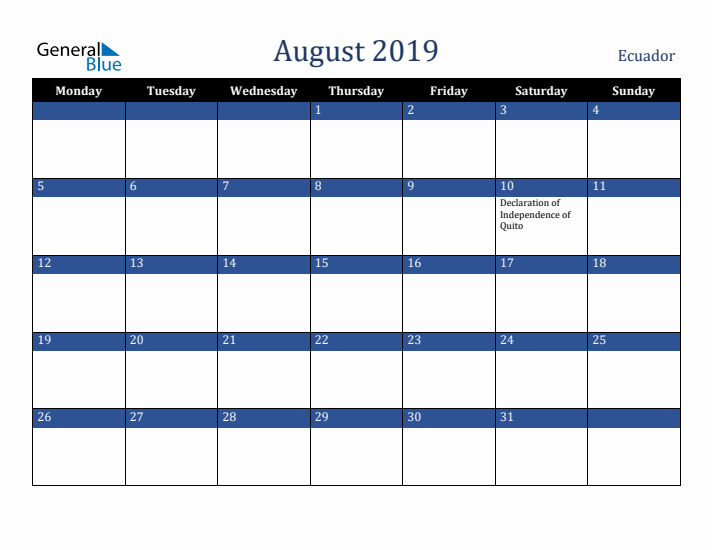 August 2019 Ecuador Calendar (Monday Start)