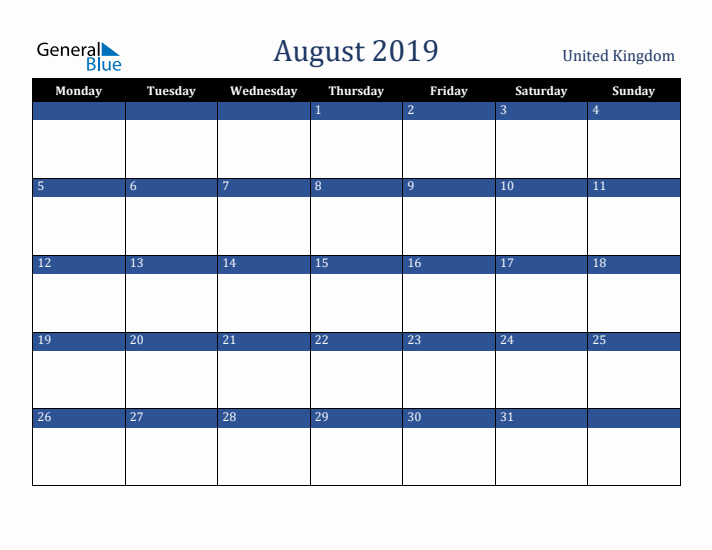 August 2019 United Kingdom Calendar (Monday Start)