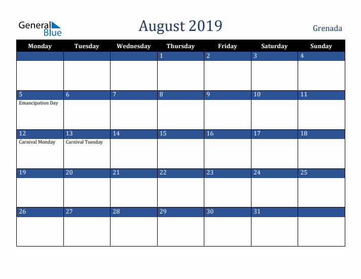 August 2019 Grenada Calendar (Monday Start)