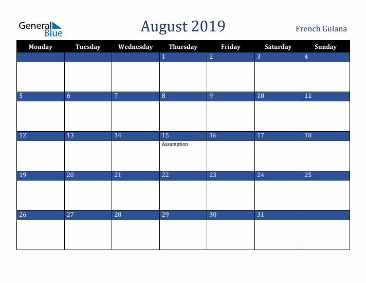 August 2019 French Guiana Calendar (Monday Start)