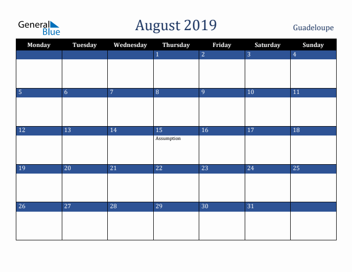 August 2019 Guadeloupe Calendar (Monday Start)