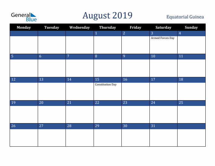 August 2019 Equatorial Guinea Calendar (Monday Start)