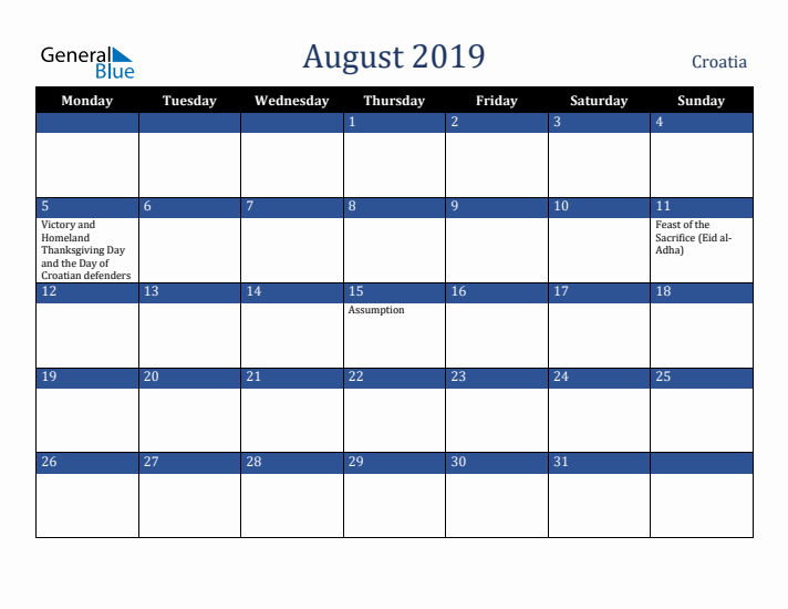 August 2019 Croatia Calendar (Monday Start)