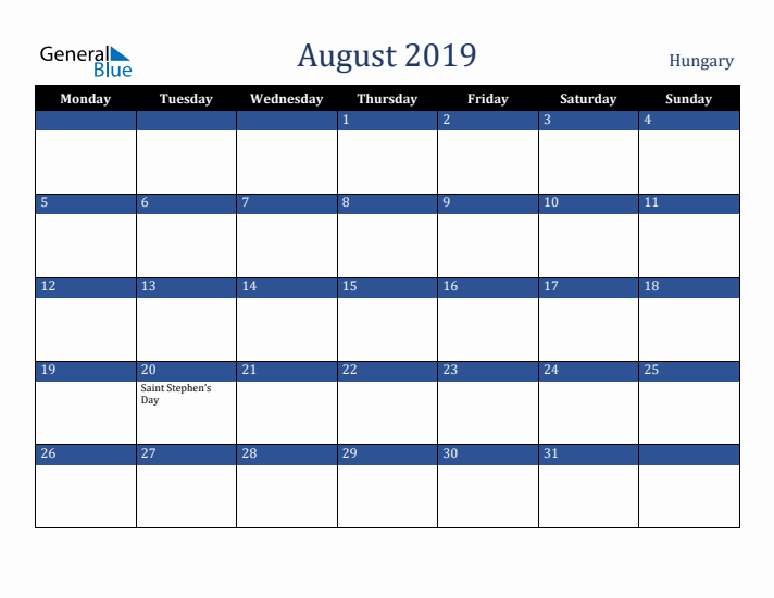 August 2019 Hungary Calendar (Monday Start)