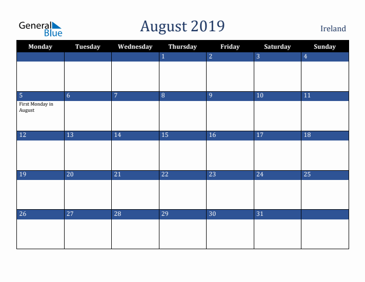 August 2019 Ireland Calendar (Monday Start)