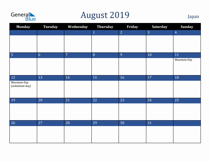 August 2019 Japan Calendar (Monday Start)