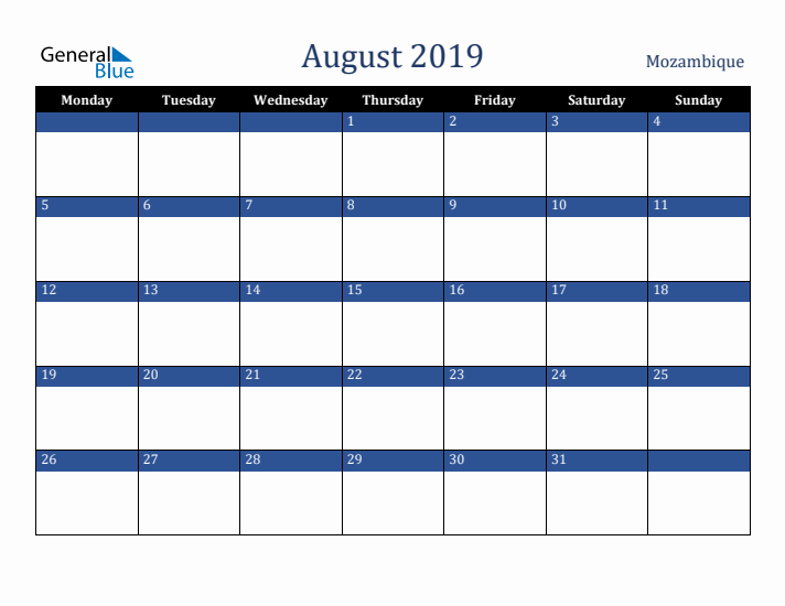 August 2019 Mozambique Calendar (Monday Start)