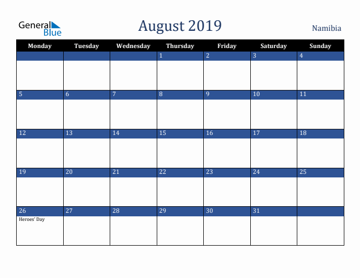 August 2019 Namibia Calendar (Monday Start)