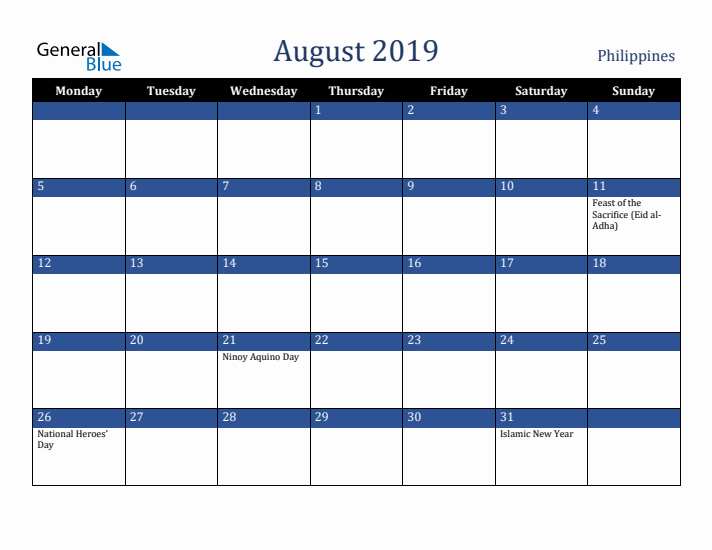 August 2019 Philippines Calendar (Monday Start)