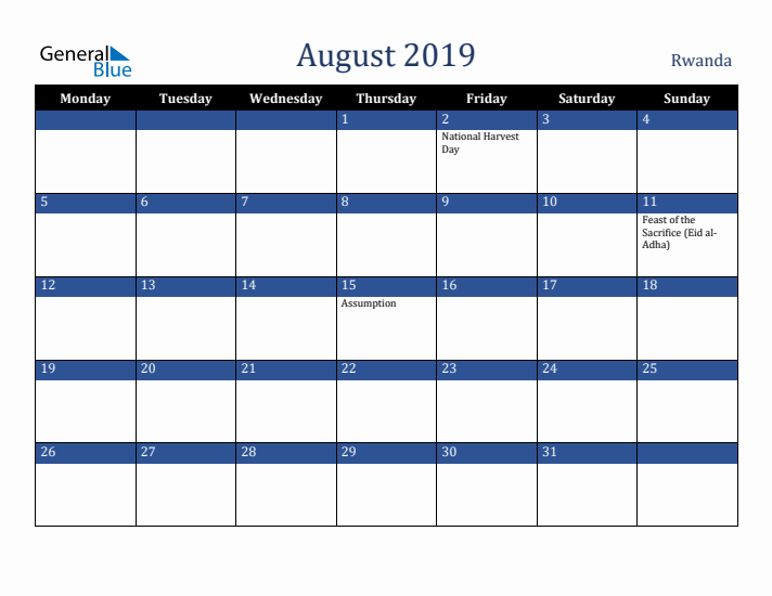 August 2019 Rwanda Calendar (Monday Start)