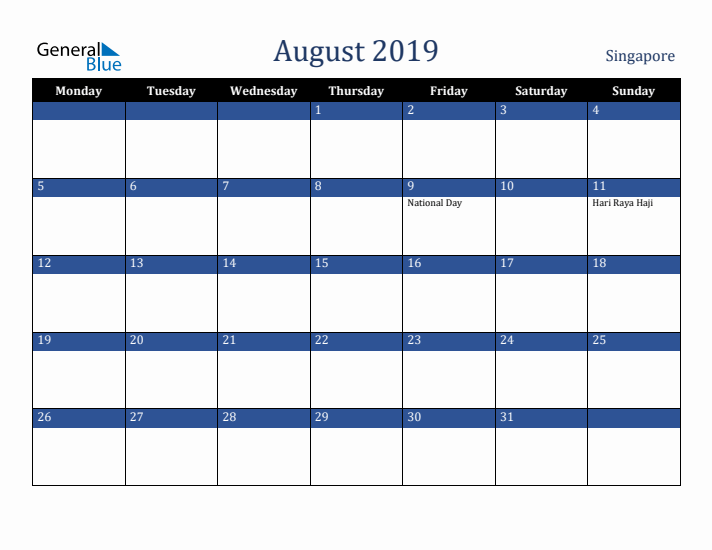 August 2019 Singapore Calendar (Monday Start)