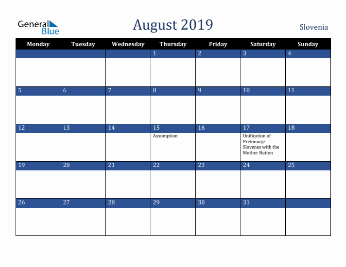 August 2019 Slovenia Calendar (Monday Start)