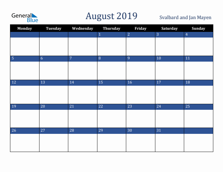 August 2019 Svalbard and Jan Mayen Calendar (Monday Start)