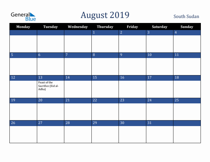 August 2019 South Sudan Calendar (Monday Start)
