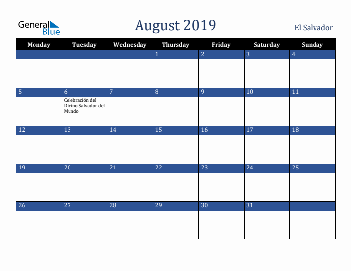 August 2019 El Salvador Calendar (Monday Start)