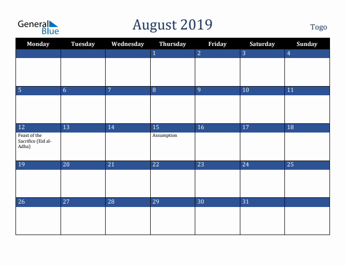 August 2019 Togo Calendar (Monday Start)
