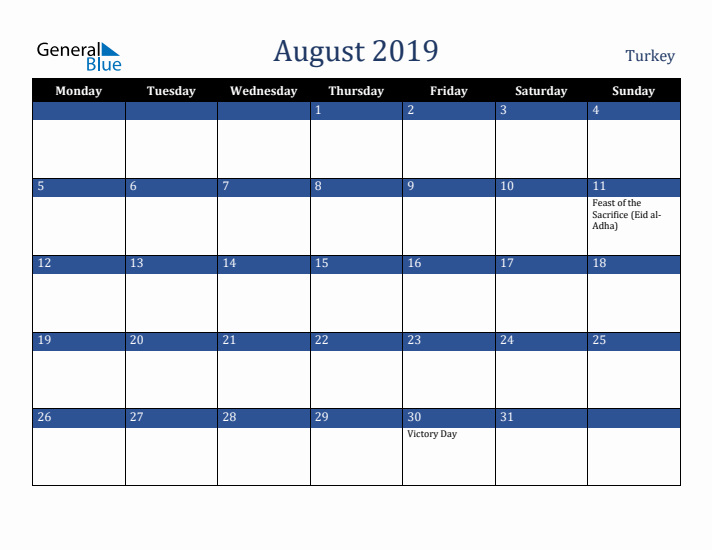 August 2019 Turkey Calendar (Monday Start)