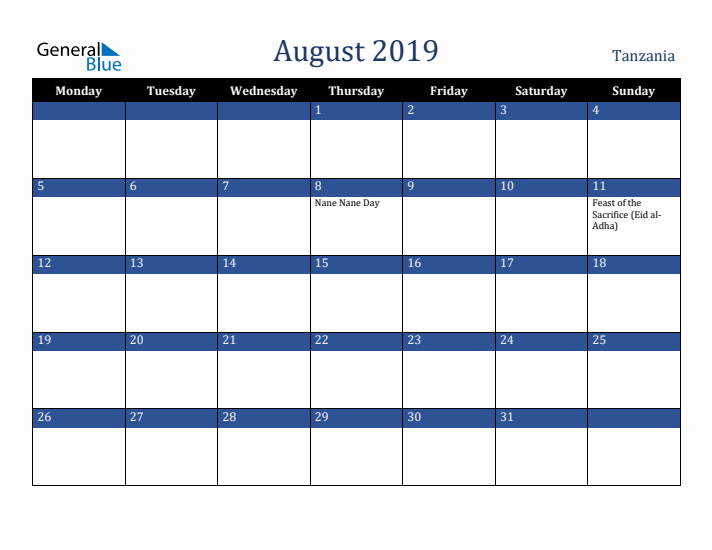 August 2019 Tanzania Calendar (Monday Start)