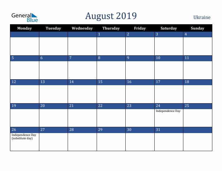 August 2019 Ukraine Calendar (Monday Start)