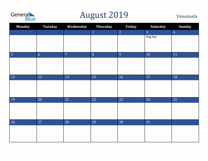 August 2019 Venezuela Calendar (Monday Start)