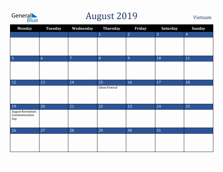 August 2019 Vietnam Calendar (Monday Start)